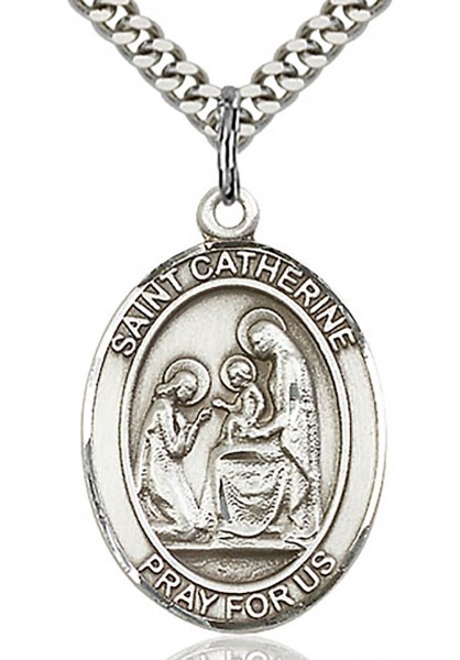 St. Catherine of Siena Medal, Sterling Silver, Large - 24&quot; 2.2mm Sterling Silver Chain + Clasp