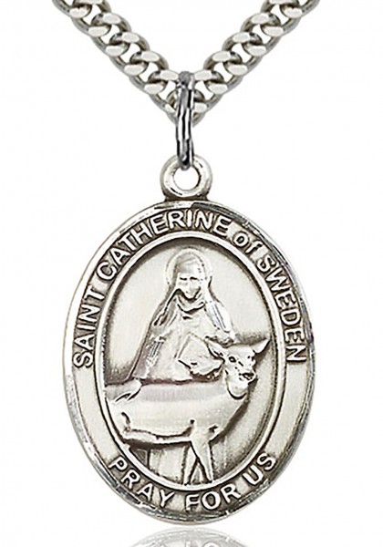 St. Catherine of Sweden Medal, Sterling Silver, Large - 24&quot; 2.4mm Rhodium Plate Chain + Clasp