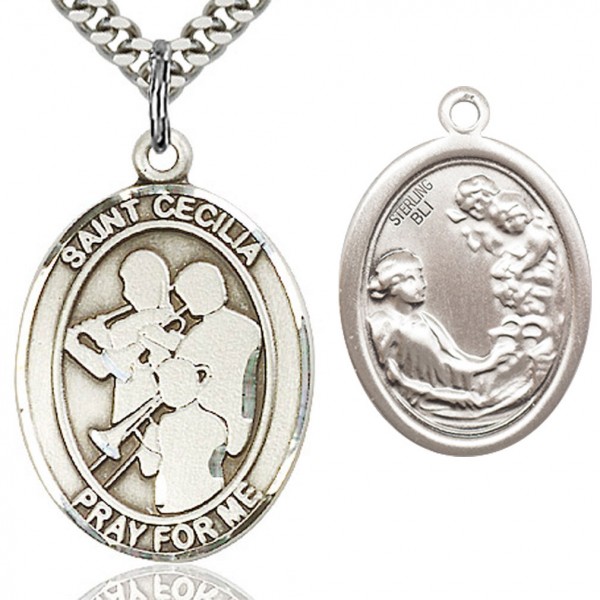 St. Cecilia Marching Band Medal, Sterling Silver, Large - 24&quot; 2.4mm Rhodium Plate Chain + Clasp