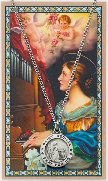 St. Cecilia Medal with Prayer Card - Silver tone
