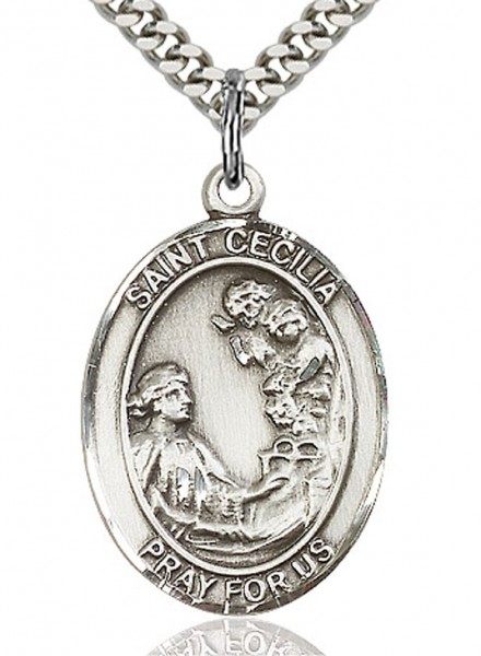 St. Cecilia Medal, Sterling Silver, Large - 24&quot; 2.2mm Sterling Silver Chain + Clasp