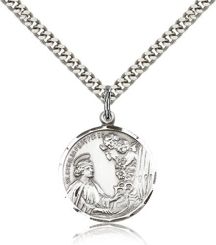 St. Cecilia Medal - 24&quot; 2.4mm Rhodium Plate Chain + Clasp