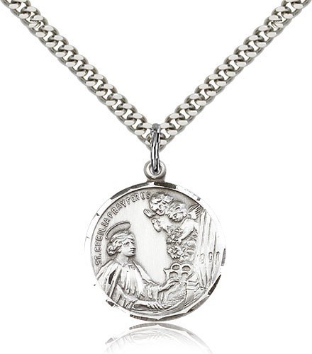 St. Cecilia Medal - 24&quot; Sterling Silver Chain + Clasp