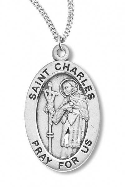 Boy's St. Charles Necklace Oval Sterling Silver with Chain - 20&quot; 2.2mm Stainless Steel Chain with Clasp