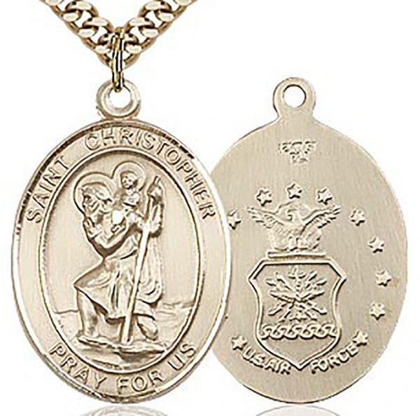 St. Christopher Air Force Medal, Gold Filled, Large - 24&quot; 2.4mm Gold Plated Chain + Clasp
