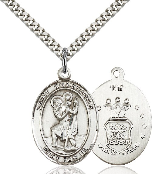 St. Christopher Air Force Medal, Sterling Silver, Large - 24&quot; 2.2mm Sterling Silver Chain + Clasp