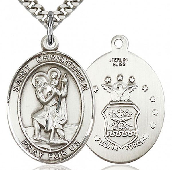 St. Christopher Air Force Medal, Sterling Silver, Large - 24&quot; 2.4mm Rhodium Plate Chain + Clasp