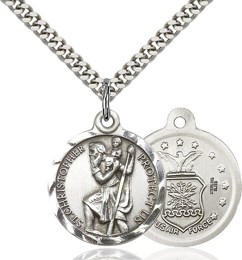 St. Christopher Air Force Medal, Sterling Silver - 24&quot; 2.2mm Sterling Silver Chain + Clasp