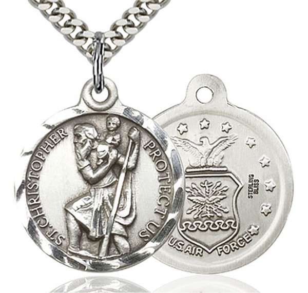 St. Christopher Air Force Medal, Sterling Silver - 24&quot; 2.4mm Rhodium Plate Chain + Clasp