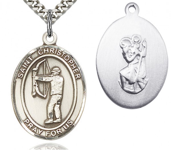 St. Christopher Archery Medal, Sterling Silver, Large - 24&quot; 2.4mm Rhodium Plate Chain + Clasp