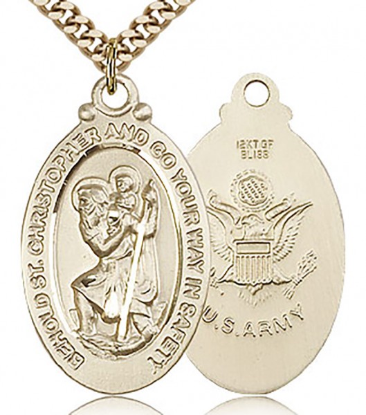St. Christopher Army Medal, Gold Filled - 24&quot; 2.4mm Gold Plated Chain + Clasp