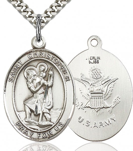 St. Christopher Army Medal, Sterling Silver, Large - 24&quot; 2.2mm Sterling Silver Chain + Clasp