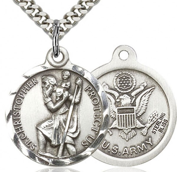 St. Christopher Army Medal, Sterling Silver - 24&quot; 2.2mm Sterling Silver Chain + Clasp