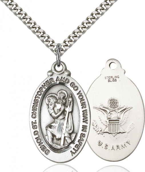 St. Christopher Army Medal, Sterling Silver - 24&quot; 2.2mm Sterling Silver Chain + Clasp