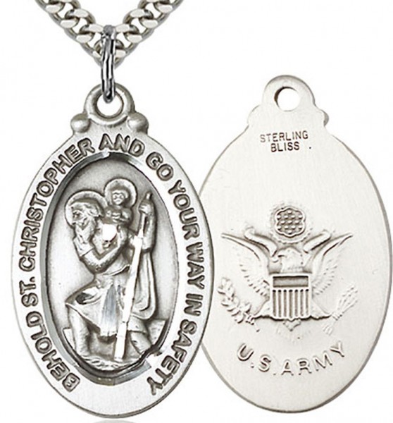 St. Christopher Army Medal, Sterling Silver - 24&quot; 2.4mm Rhodium Plate Endless Chain