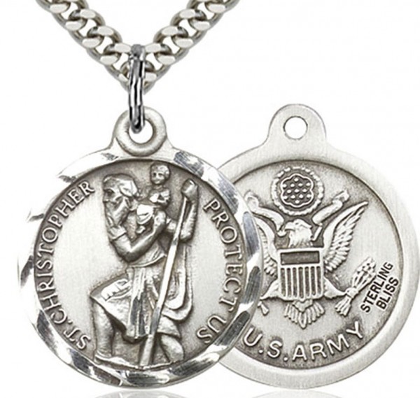 St. Christopher Army Medal, Sterling Silver - 24&quot; 2.4mm Rhodium Plate Chain + Clasp