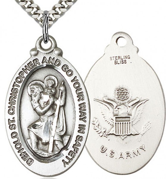 St. Christopher Army Medal, Sterling Silver - 24&rdquo; 1.7mm Sterling Silver Chain &amp; Clasp