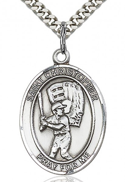 St. Christopher Baseball Medal, Sterling Silver, Large - 24&quot; 2.4mm Rhodium Plate Chain + Clasp