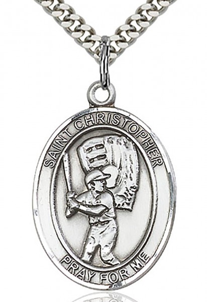 St. Christopher Baseball Medal, Sterling Silver, Large - 24&quot; Sterling Silver Chain + Clasp