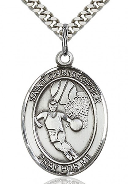 St. Christopher Basketball Medal, Sterling Silver, Large - 24&quot; 2.4mm Rhodium Plate Chain + Clasp