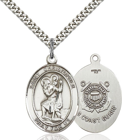 St. Christopher Coast Guard Medal, Sterling Silver, Large - 24&quot; 2.2mm Sterling Silver Chain + Clasp
