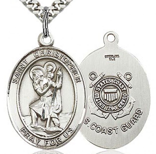 St. Christopher Coast Guard Medal, Sterling Silver, Large - 24&quot; 2.4mm Rhodium Plate Endless Chain