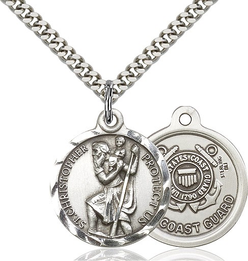 St. Christopher Coast Guard Medal, Sterling Silver - 24&quot; 2.2mm Sterling Silver Chain + Clasp