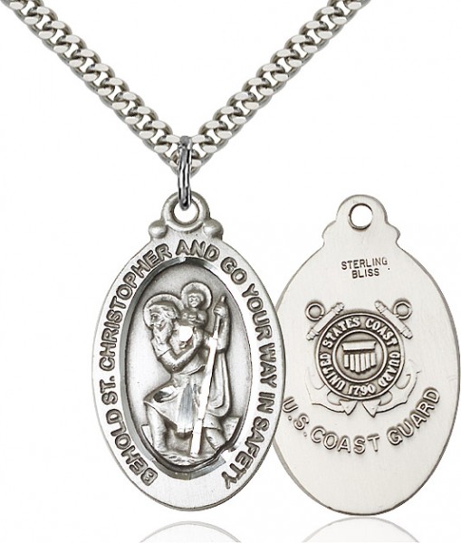 St. Christopher Coast Guard Medal, Sterling Silver - 24&quot; 2.2mm Sterling Silver Chain + Clasp