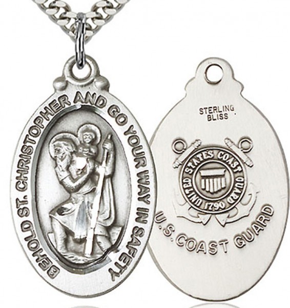 St. Christopher Coast Guard Medal, Sterling Silver - 24&quot; 2.4mm Rhodium Plate Endless Chain