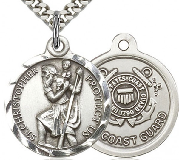 St. Christopher Coast Guard Medal, Sterling Silver - 24&quot; 2.4mm Rhodium Plate Chain + Clasp