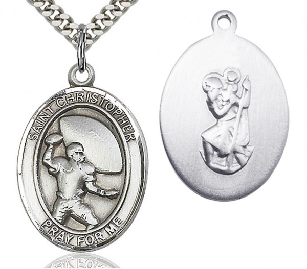 St. Christopher Football Medal, Sterling Silver, Large - 24&quot; 2.4mm Rhodium Plate Chain + Clasp