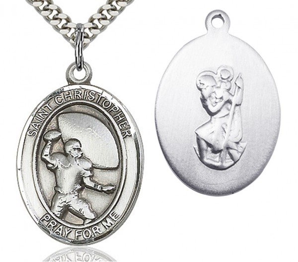 St. Christopher Football Medal, Sterling Silver, Large - 24&quot; Sterling Silver Chain + Clasp