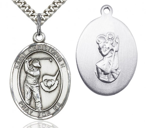 St. Christopher Golf Medal, Sterling Silver, Large - 24&quot; 2.4mm Rhodium Plate Chain + Clasp