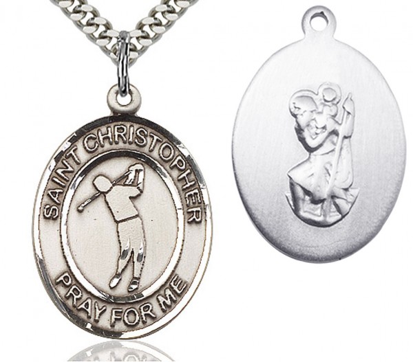 St. Christopher Golf Medal, Sterling Silver, Large - 24&quot; Sterling Silver Chain + Clasp