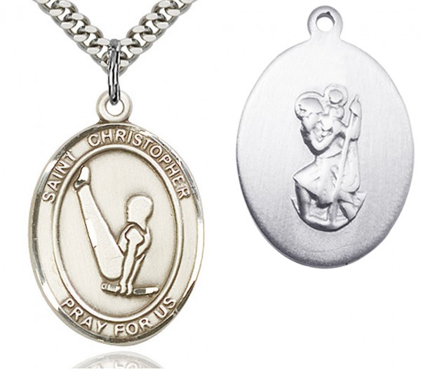 St. Christopher Gymnastics Medal, Sterling Silver, Large - 24&quot; 2.4mm Rhodium Plate Chain + Clasp