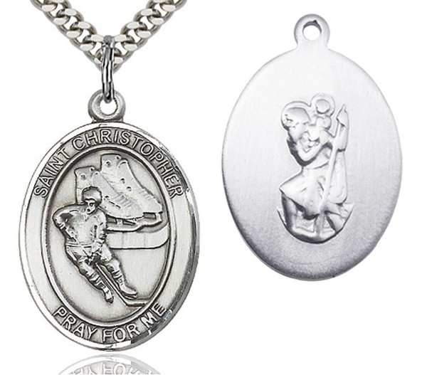 St. Christopher Hockey Medal, Sterling Silver, Large - 24&quot; 2.4mm Rhodium Plate Chain + Clasp