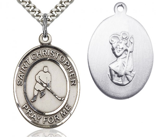 St. Christopher Ice Hockey Medal, Sterling Silver, Large - 24&quot; Sterling Silver Chain + Clasp