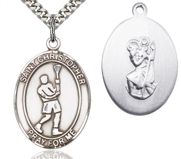 St. Christopher Lacrosse Medal, Sterling Silver, Large - 24&quot; 2.4mm Rhodium Plate Chain + Clasp