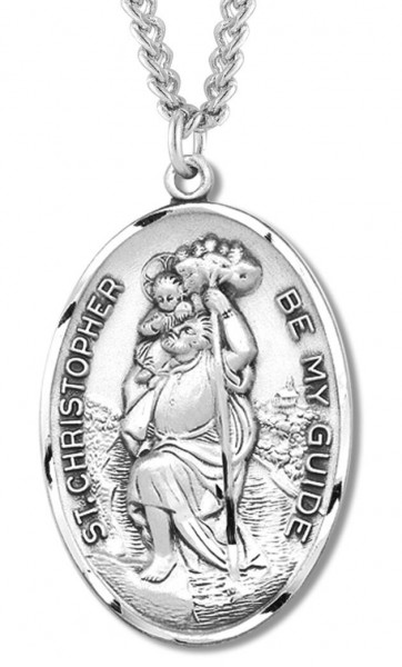 Men's Sterling Silver Oval Saint Christopher Be My Guide Necklace with Chain - 24&quot; 3mm Stainless Steel Chain + Clasp