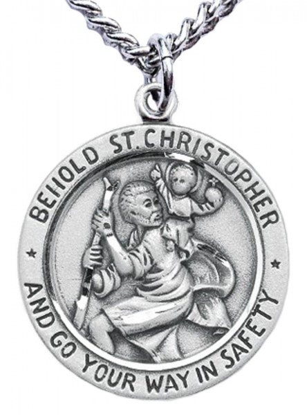 Men's Sterling Silver Round Saint Christopher Necklace - 24&quot; 3mm Stainless Steel Chain + Clasp