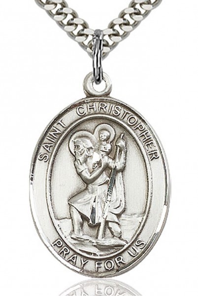 St. Christopher Medal, Sterling Silver, Large - 24&quot; 2.2mm Sterling Silver Chain + Clasp