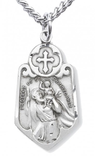 Men's Sterling Silver Shield Shape Saint Christopher Necklace with Cross Top with Chain Options - 24&quot; 3mm Stainless Steel Chain + Clasp