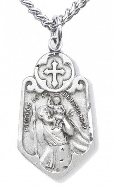 Men's Sterling Silver Shield Shape Saint Christopher Necklace with Cross Top with Chain Options - 20&quot; 2.2mm Stainless Steel Chain with Clasp