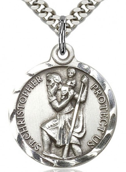 St. Christopher Medal, Sterling Silver - 24&quot; 2.2mm Sterling Silver Chain + Clasp