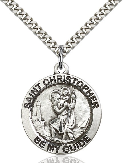 St. Christopher Medal, Sterling Silver - 24&quot; 2.2mm Sterling Silver Chain + Clasp