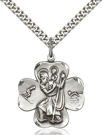 Men's Sterling Silver Shamrock Saint Christopher Medal - 24&quot; 2.2mm Sterling Silver Chain + Clasp
