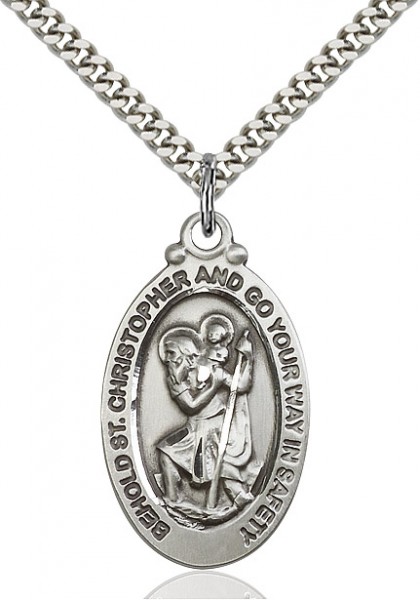 St. Christopher Medal, Sterling Silver - 24&quot; 2.2mm Sterling Silver Chain + Clasp