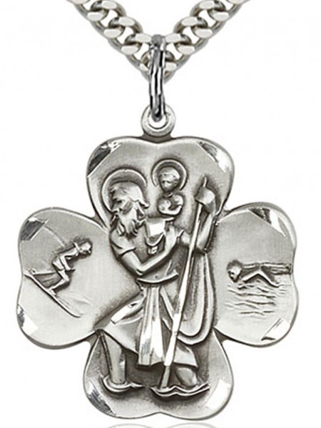 Men's Sterling Silver Shamrock Saint Christopher Medal - 24&quot; 2.4mm Rhodium Plate Endless Chain