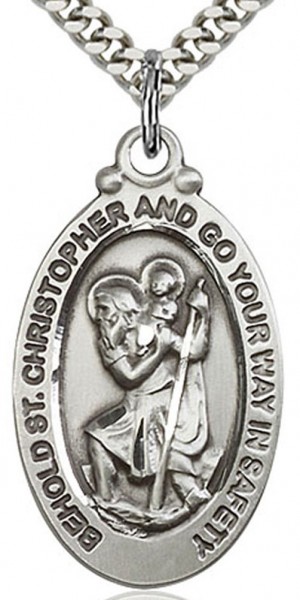 St. Christopher Medal, Sterling Silver - 24&quot; 2.4mm Rhodium Plate Endless Chain