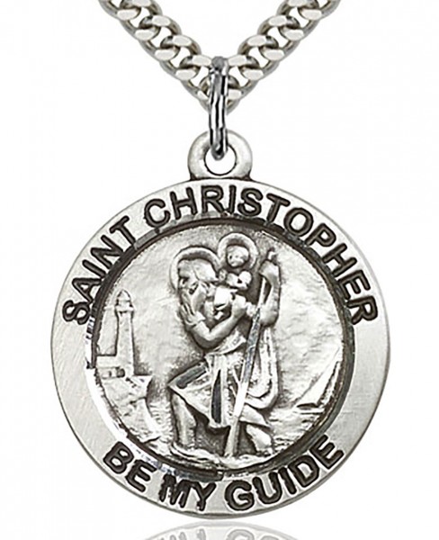 St. Christopher Medal, Sterling Silver - 24&quot; 2.4mm Rhodium Plate Chain + Clasp